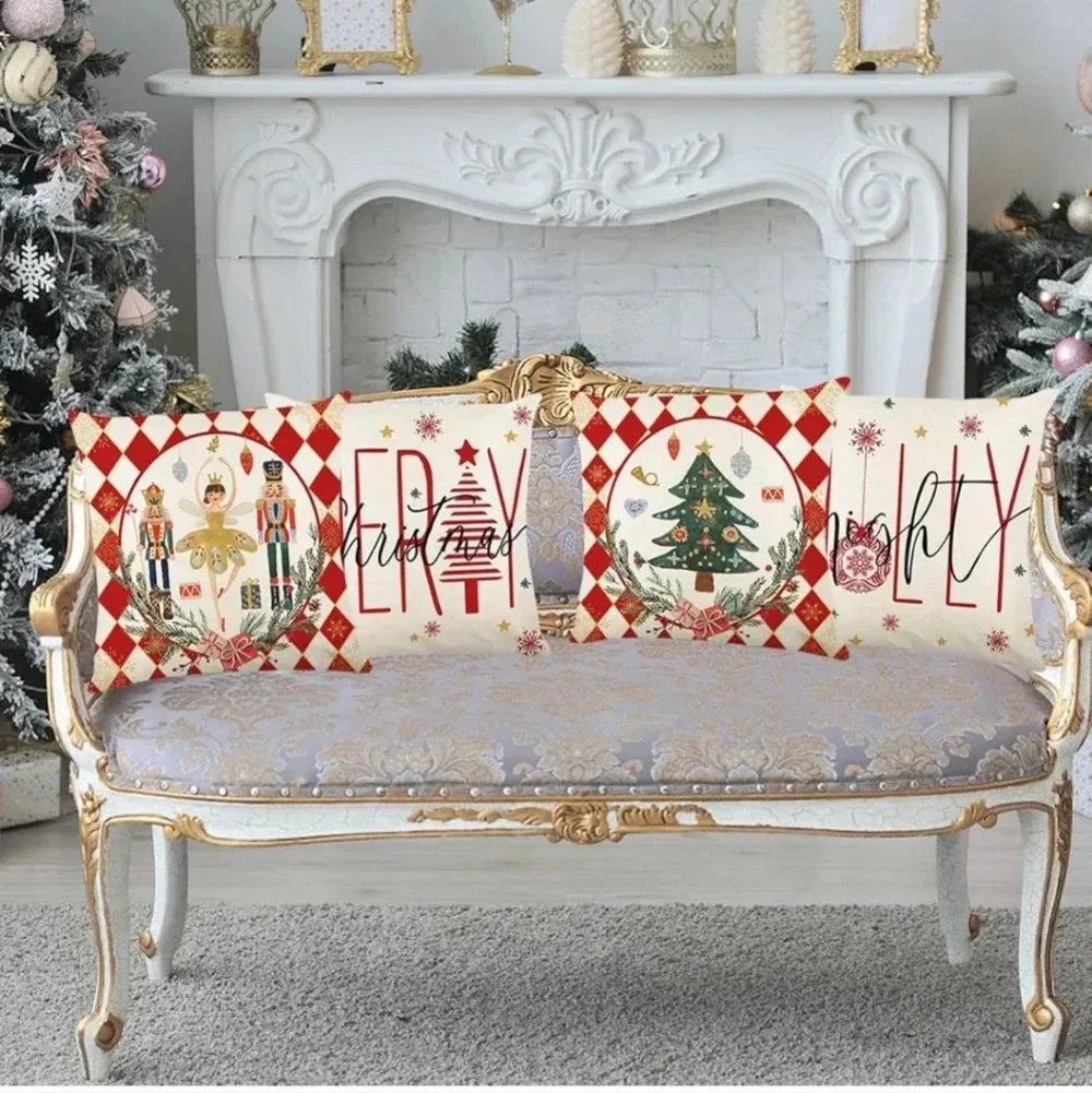 Merry Christmas Joy Xmas Trees Red Throw Pillow Covers, 18 x 18 Inch Christmas W